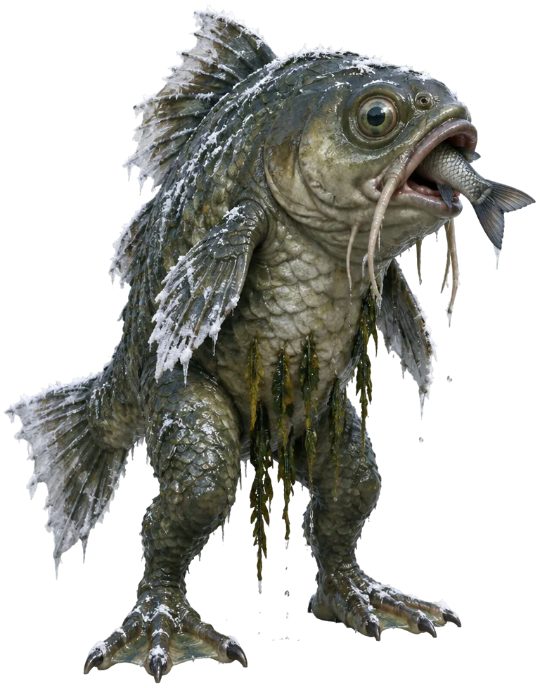 Big Fish, ikan raksasa bersisik basah yang berdiri di atas dua kaki berselaput, seekor ikan kecil mencuat dari mulutnya.