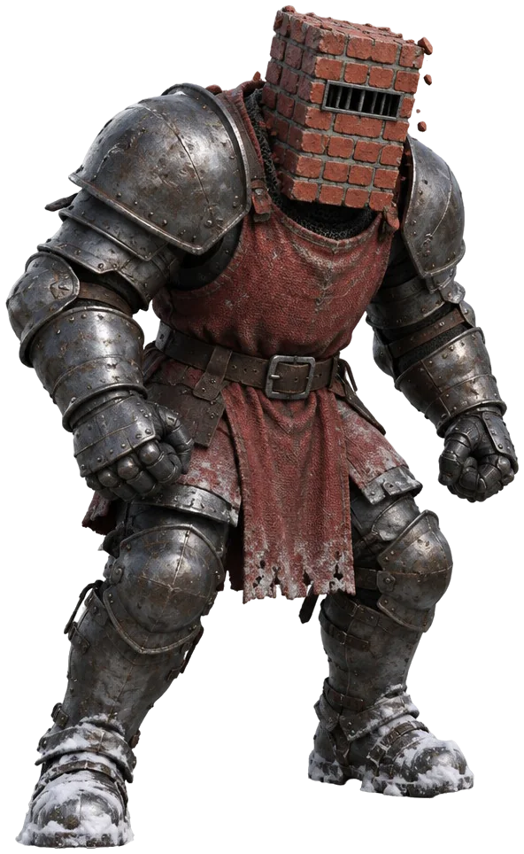Brick-Helm Knight, ksatria berzirah penyok yang seluruh helmnya berupa balok tembok bata.