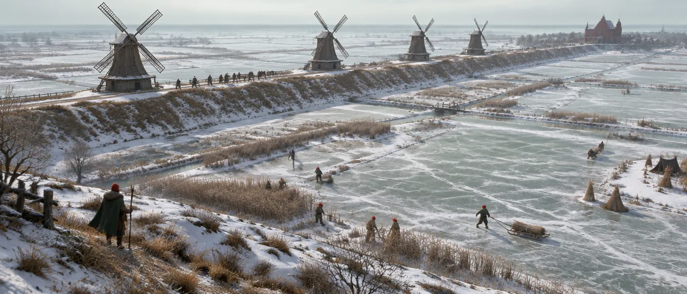 Mill Dyke, desa berikutnya: tanggul panjang dengan empat kincir angin di atas polder beku.