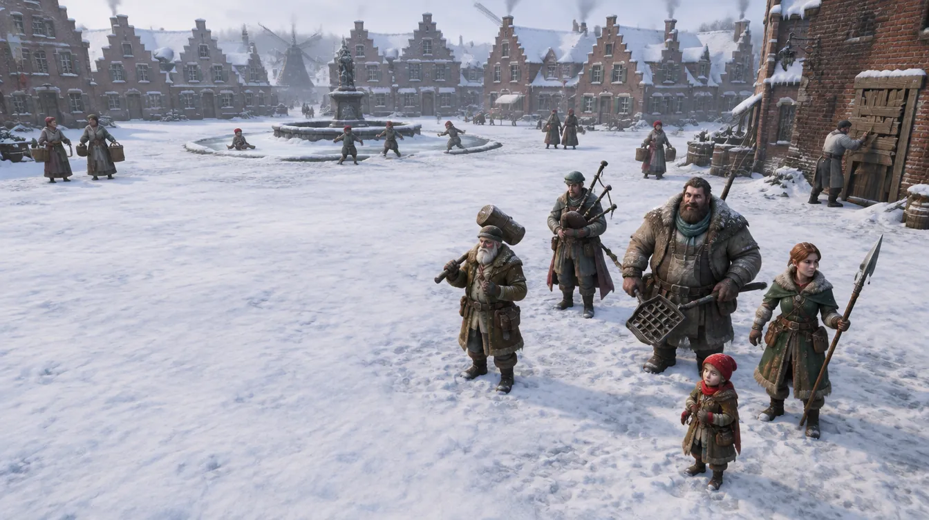 Sesudah pertempuran di alun-alun Snowfield: Old Wenzel, Joos, Bram, Griet, dan Anke berdiri bersama, warga kembali bermain di air mancur beku dan menambal tembok.